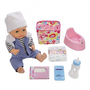 Интерактивный пупс в теплой шапочке, 36 см с аксессуарами, звук, пьет, писает (Наша Игрушка, LD9810E)